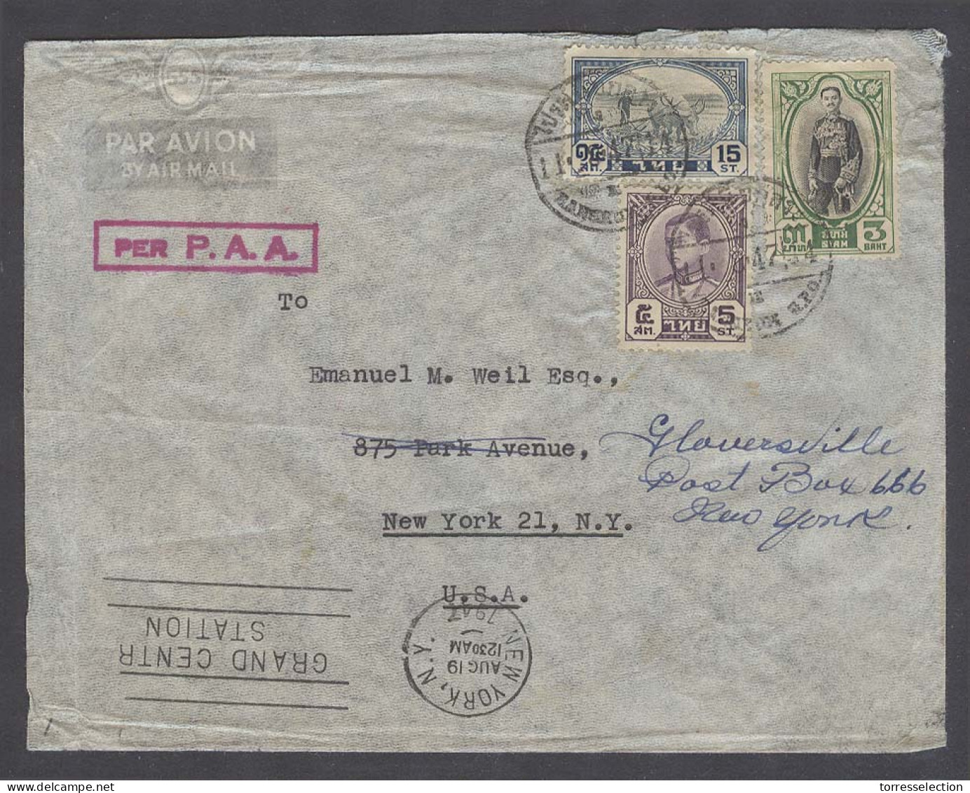 SIAM. 1947 (11 Aug). BKK / GPO - USA / NY (19 Aug). Air Multifkd Env Air Cachet Per PAA (xxx) Dated Transit When Fwded.  - Siam