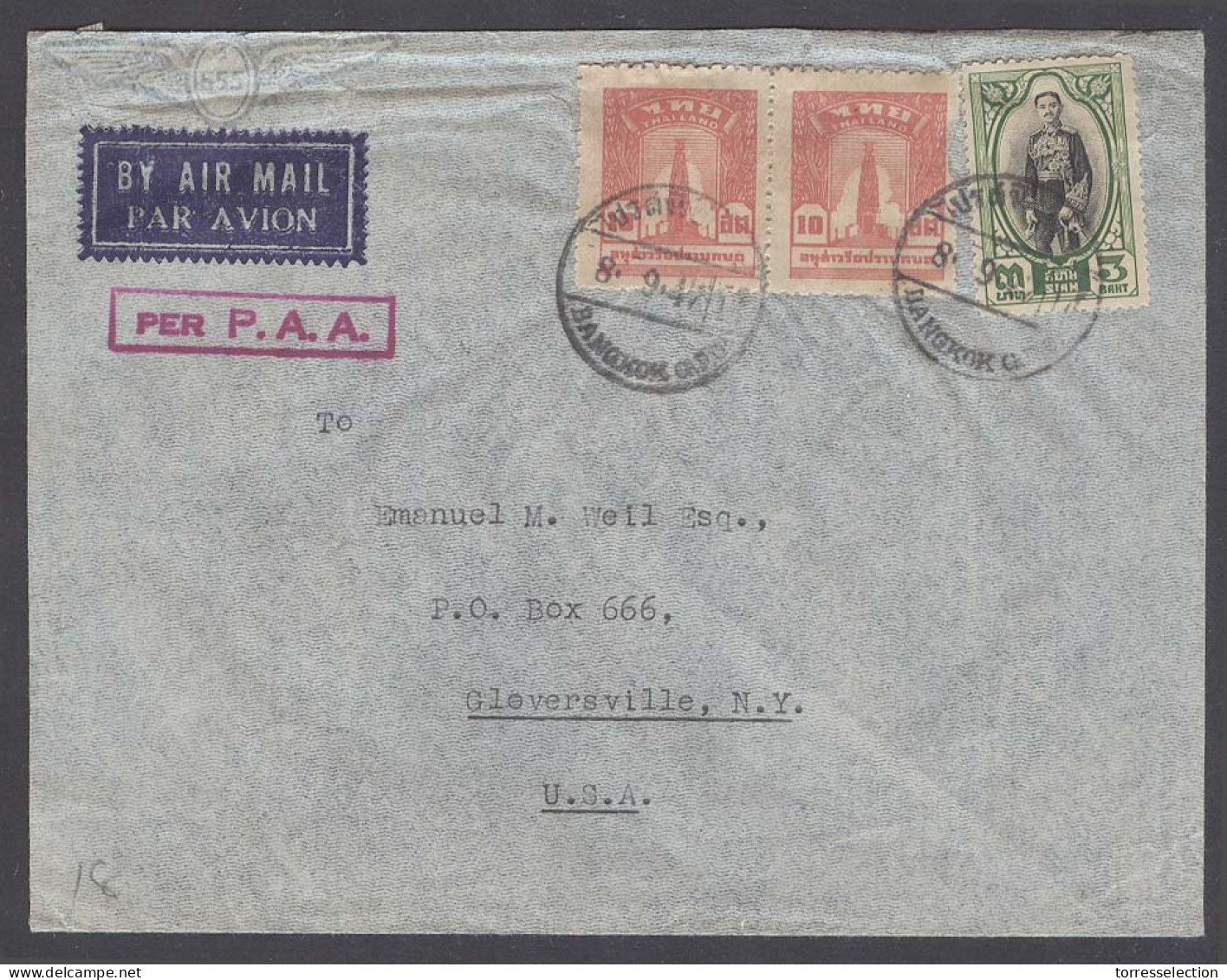 SIAM. 1947 (8 Sept) BKK / GPO - USA. Air Violet Cachet Per PAA (xxx) VF Short Lived. - Siam