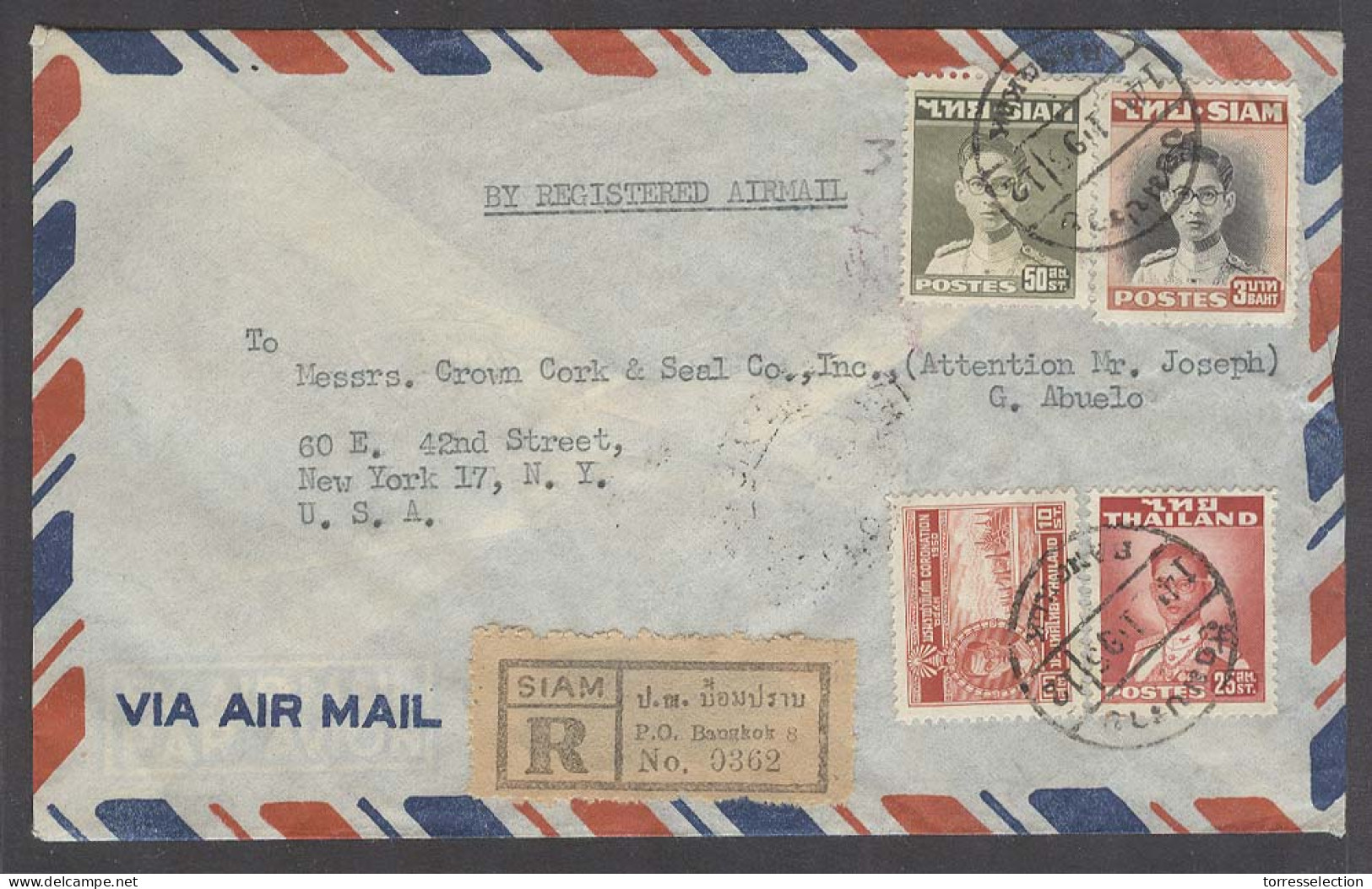 SIAM. 1952 (14 Jan). BKK -8 - USA (24 Jan). Reg Air Multifkd Env. V Nice. - Siam