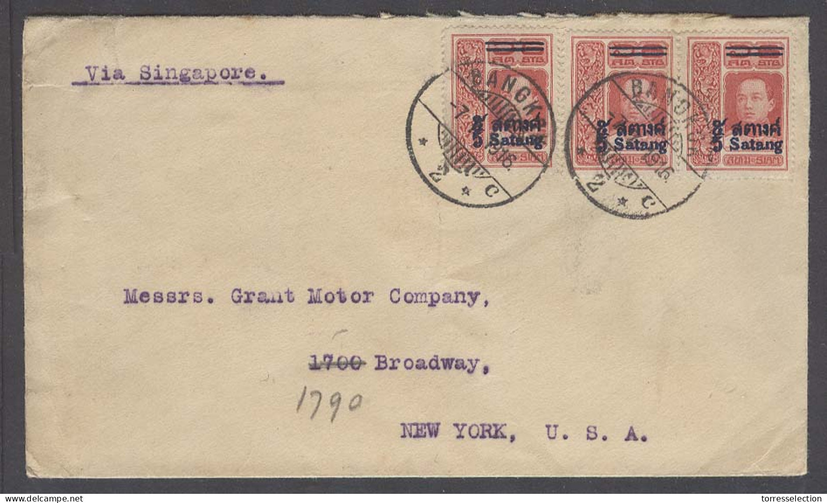 SIAM. 1916 (7 July). BKK - USA. Via Singapore. Fkd Ovptd Issue 5 Stat Horiz Strip Of Three Cds. Reverse Hg Hk (15 July)  - Siam