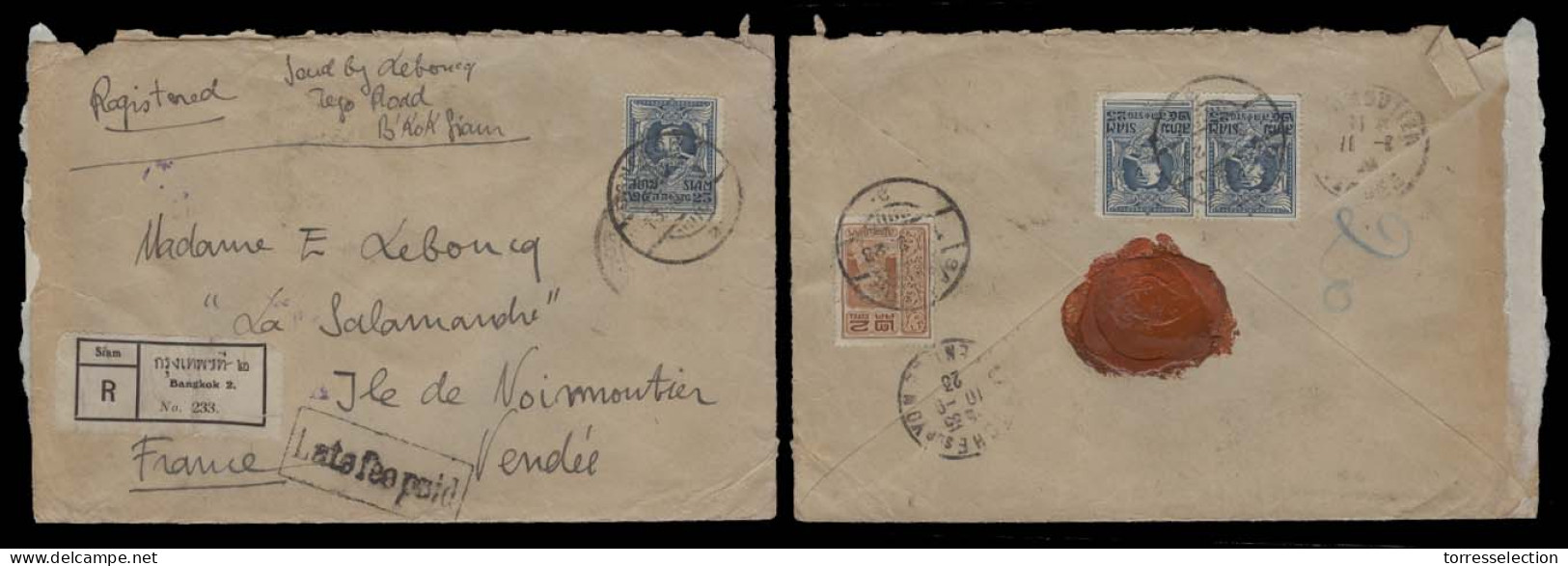 SIAM. 1923. BKK - 2  - France. Reg Multifkd Env (front And Reverse) With Boxed Pmk Late Fee Paid (xx). VF. - Siam
