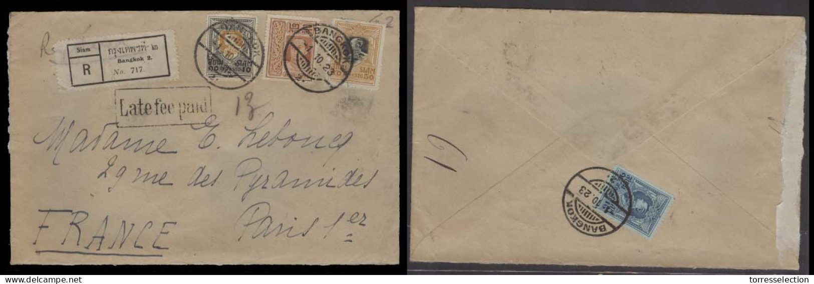 SIAM. 1923 (1 Oct). BKK - 2 - France. Reg Multifkd Env + Late Paid Boxed Pmk (xxx). XF. - Siam