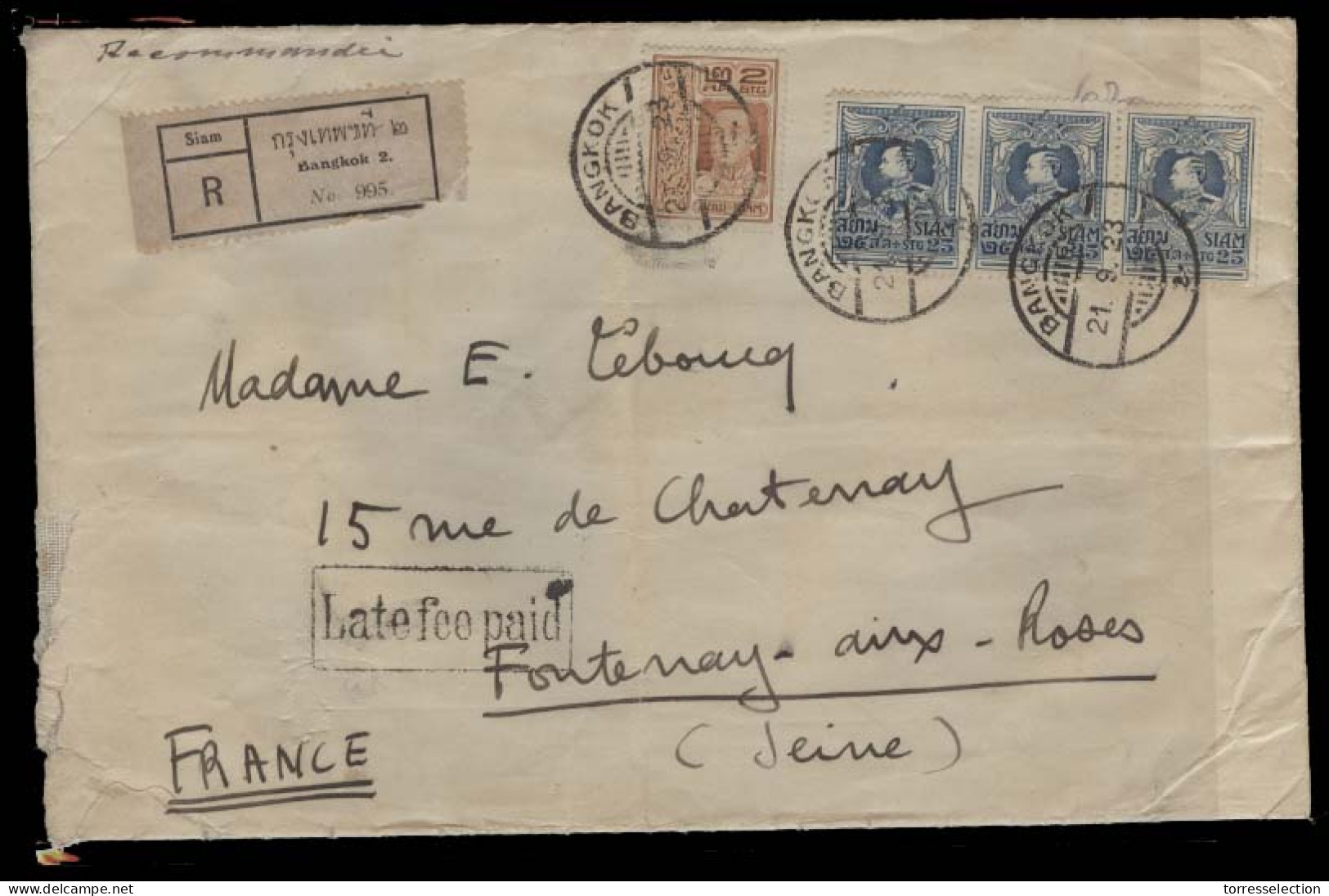 SIAM. 1923. BKK - 2 - France. Reg Multifkd Env + Boxed Late Fee Paid (xxx). XF. - Siam