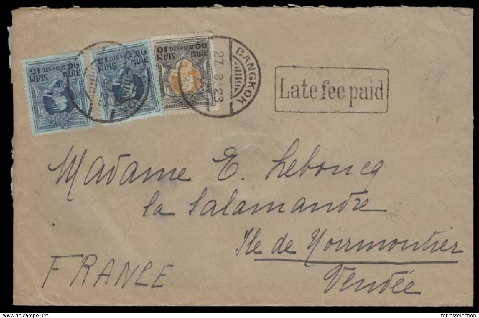 SIAM. 1923 (27 Aug). BKK / 2 - France. Multifkd Env + Late Fee Paid (xxx). XF Item. - Siam