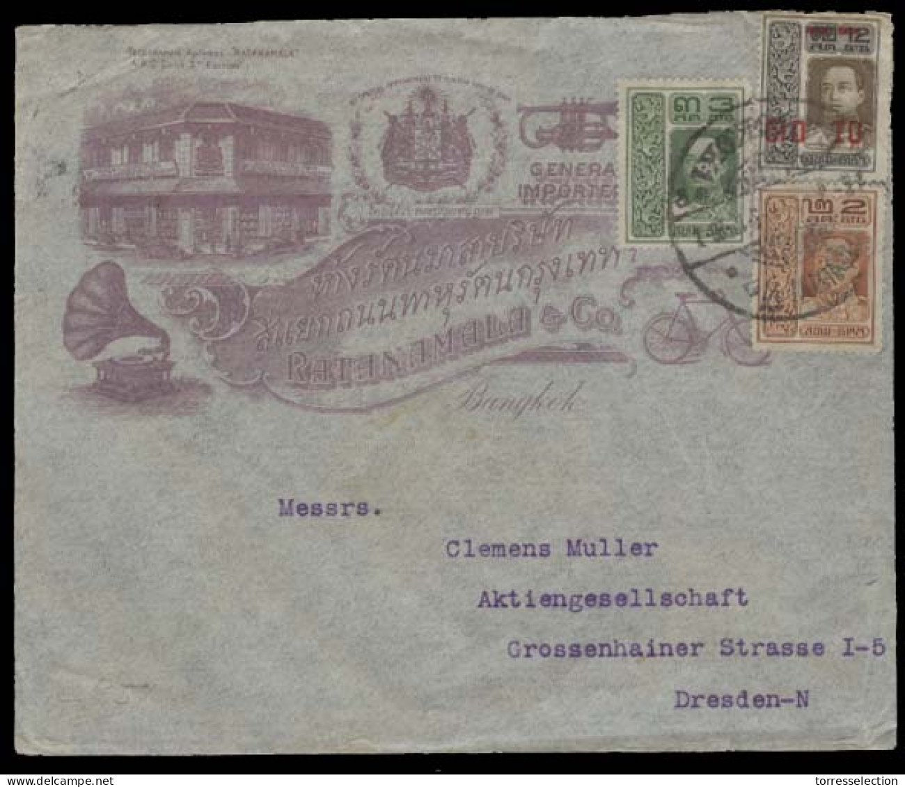 SIAM. 1920. BKK - Germany / Dresden. Lovely Color Ilustrated Multifkd Env. Despicting Thai Message + Royal Aproval Seal  - Siam