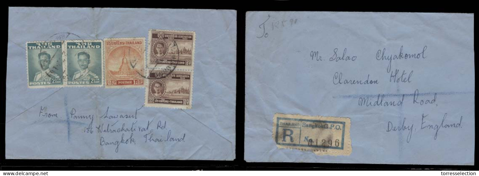 SIAM. C.1950. BKK - Derby / UK. Reg Reverse Fkd Env, Addressed To Khun Salao Chyakomol. - Siam