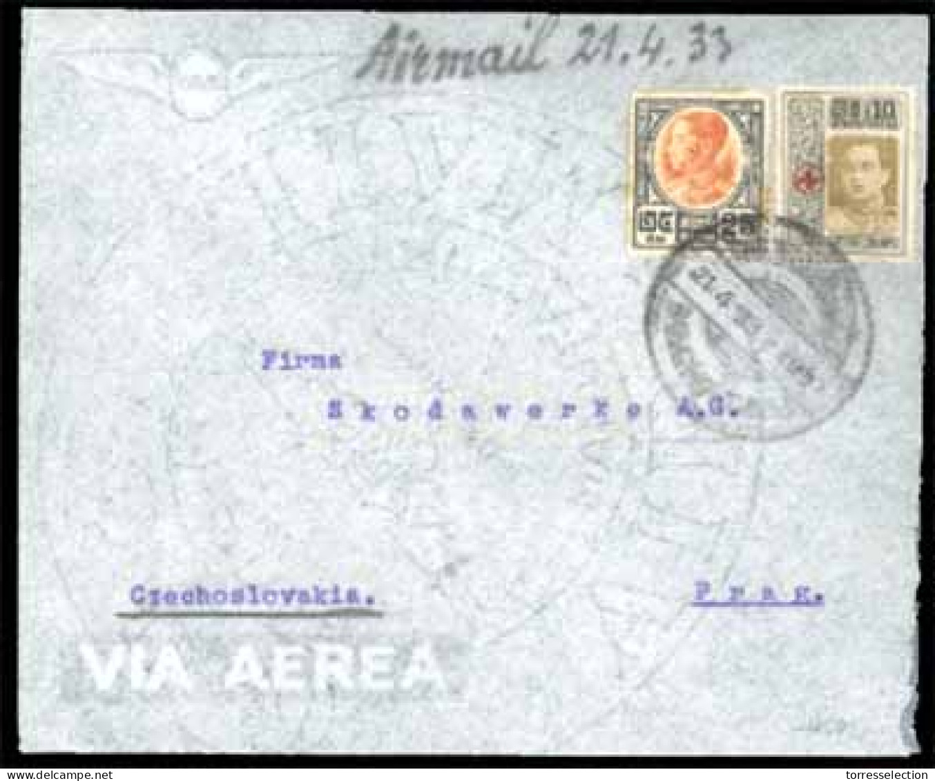 SIAM. THAILAND. 1933(April 21st). Airmail Cover To Prague, Czechoslovakia Franked By Red Cross 1918 10st Black & Olive A - Siam