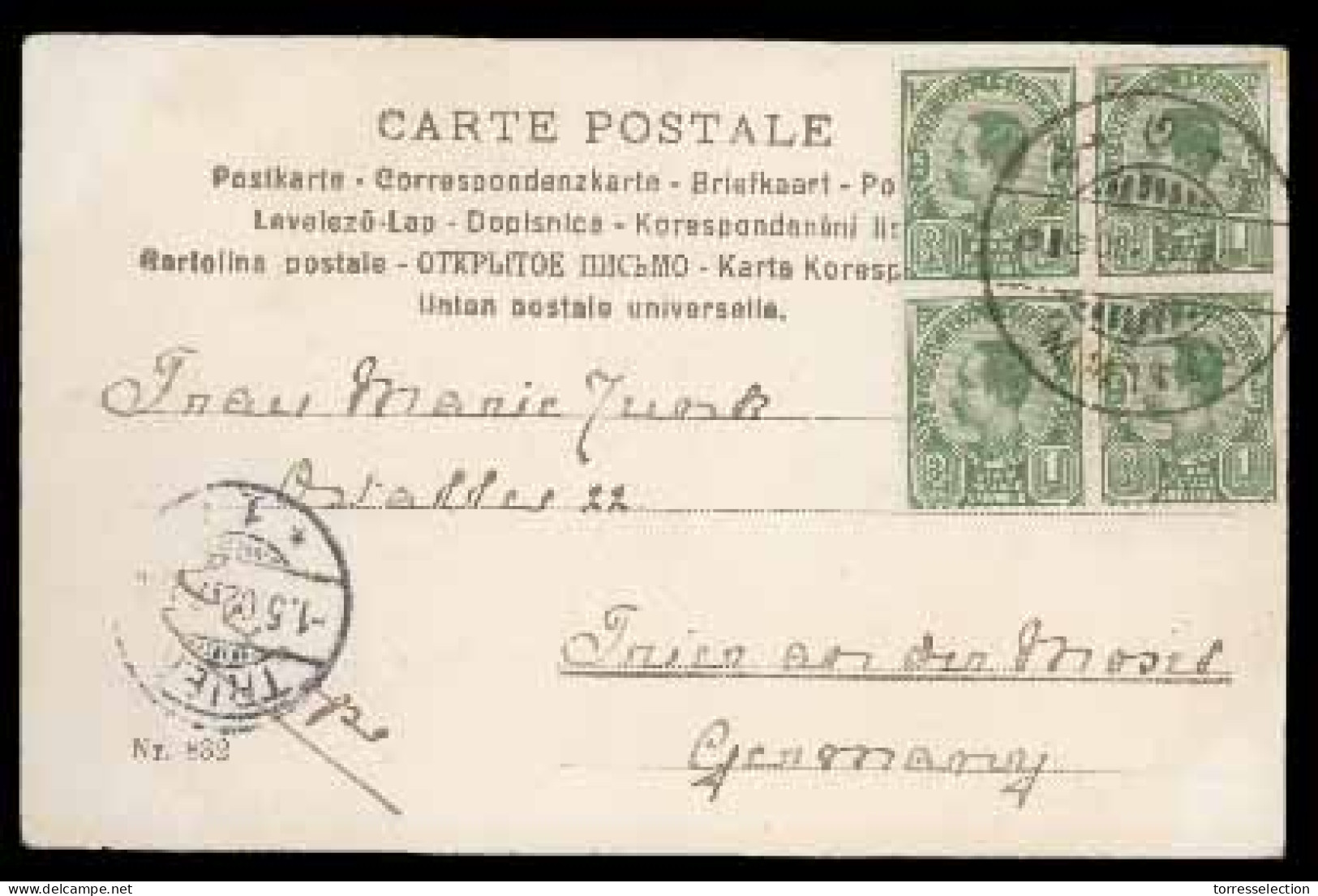 SIAM. 1902. Bangkok To Trier An Der Muget/Germany. P.P.C. Franked 1att Green Third Issue. (Sir. 69), BLOCK OF FOUR, Tied - Siam