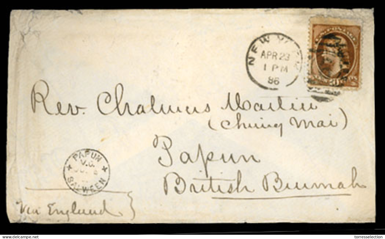 SIAM. 1886. (April 23) New York To CHIENG MAI. Envelope Franked 10c Brown Large ABN Via London, Brindsi, India, Moulmein - Siam