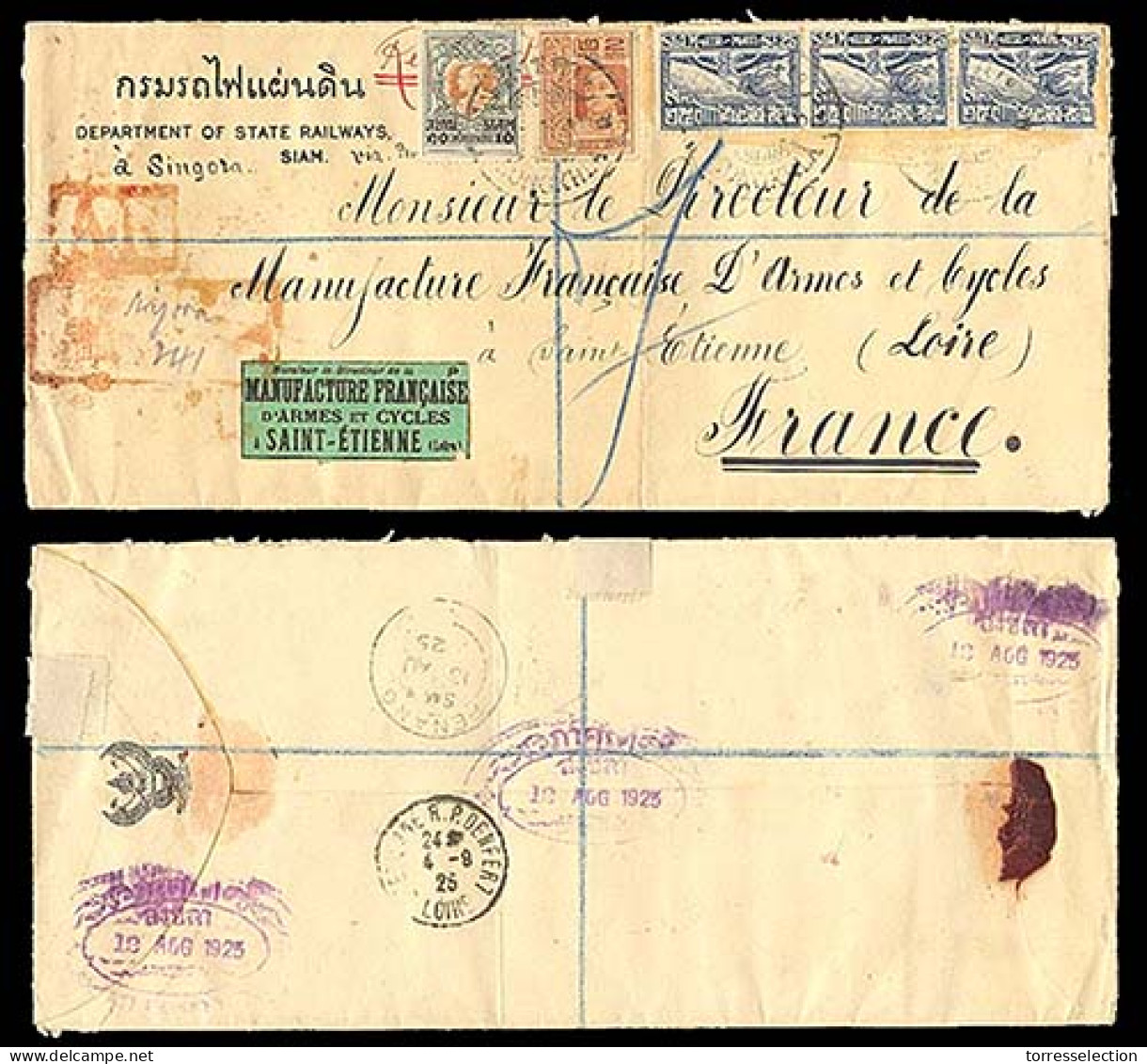 SIAM. 1925. Singora To St. Etienne/France. Department Of State Railways At Singora/Siam Legal Size REGISTERED A.R. Cover - Siam