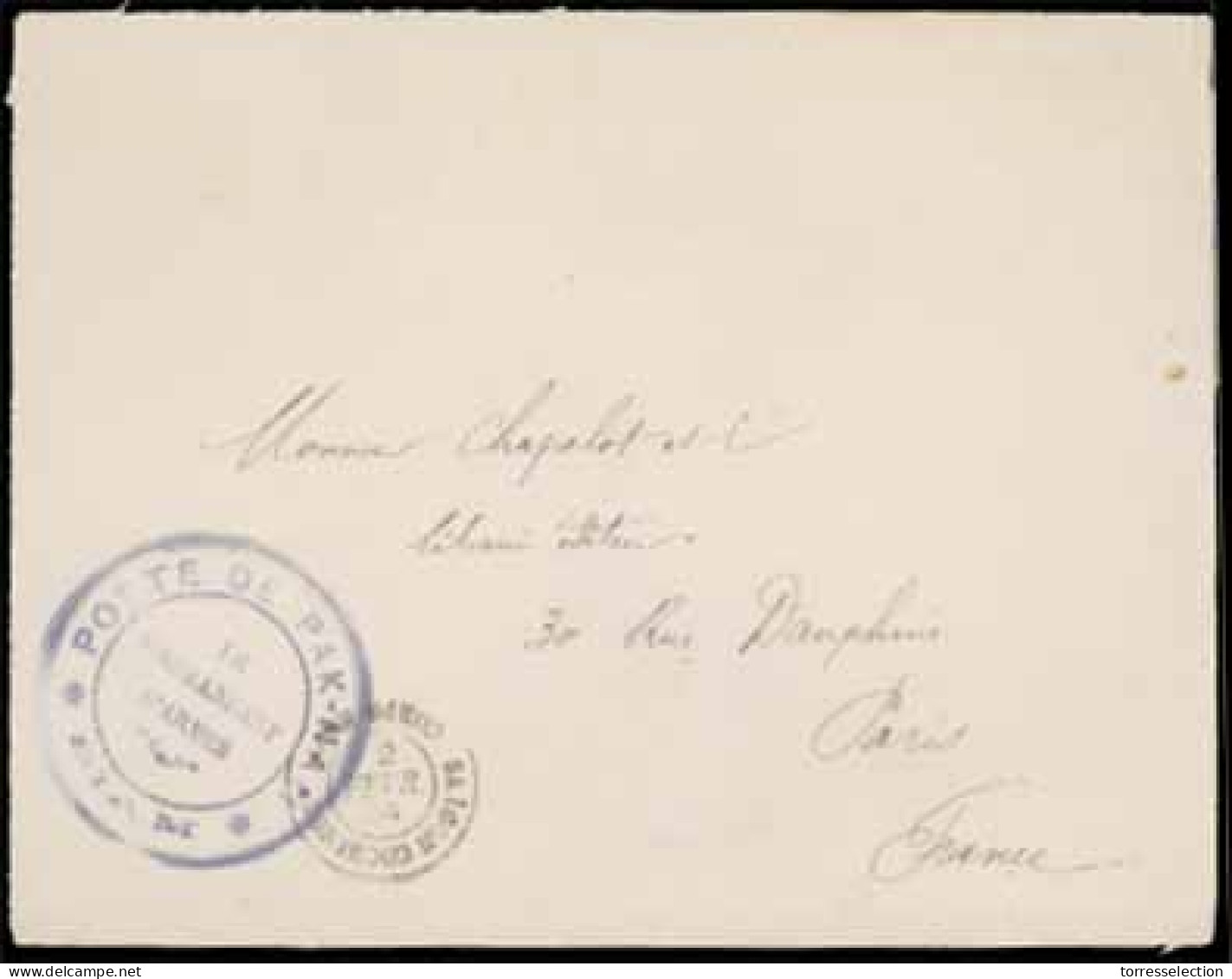 SIAM. 1904. (2 Feb.) FRENCH OCCUPATION OF SIAM, Paknam To Paris/France. F.M. Envelope With Blue Superb Cachet "Poste De  - Siam