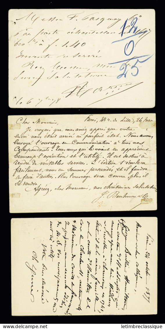 Lettre 13 lettres et cartes postales précurseurs AFF type Sage dont CAD d'essai pointillé "Paris Pl de la Bourse" (1881 