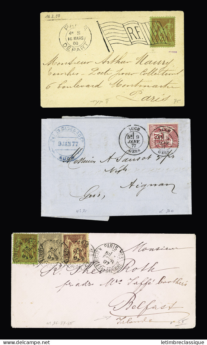 Lettre 13 lettres et cartes postales précurseurs AFF type Sage dont CAD d'essai pointillé "Paris Pl de la Bourse" (1881 