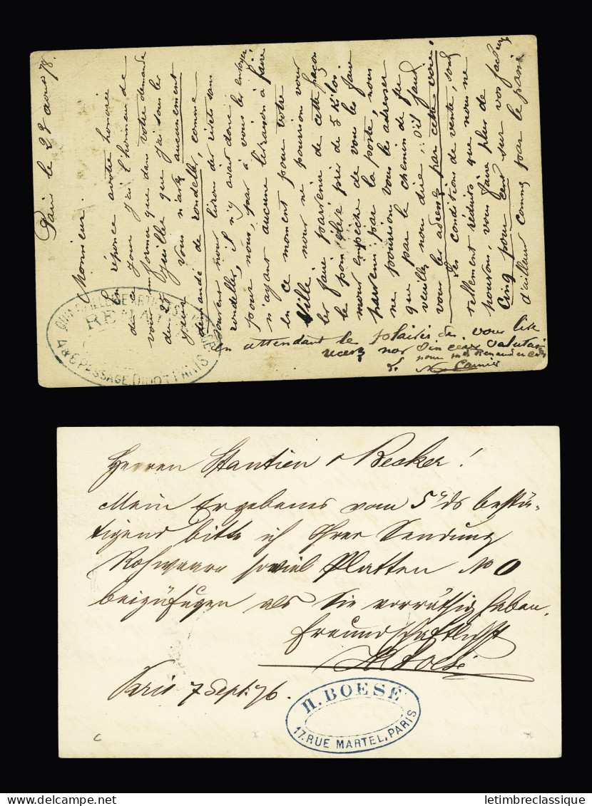 Lettre 13 lettres et cartes postales précurseurs AFF type Sage dont CAD d'essai pointillé "Paris Pl de la Bourse" (1881 