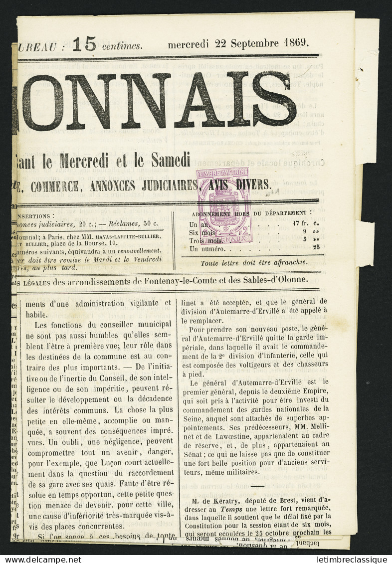 Lettre N°1 OBL Typo Sur Journal "Le Luçonnais" (1869) Et Journaux N°7 OBL Typo Sur Journal De Luçon Et De La Vendée, TB - Journaux