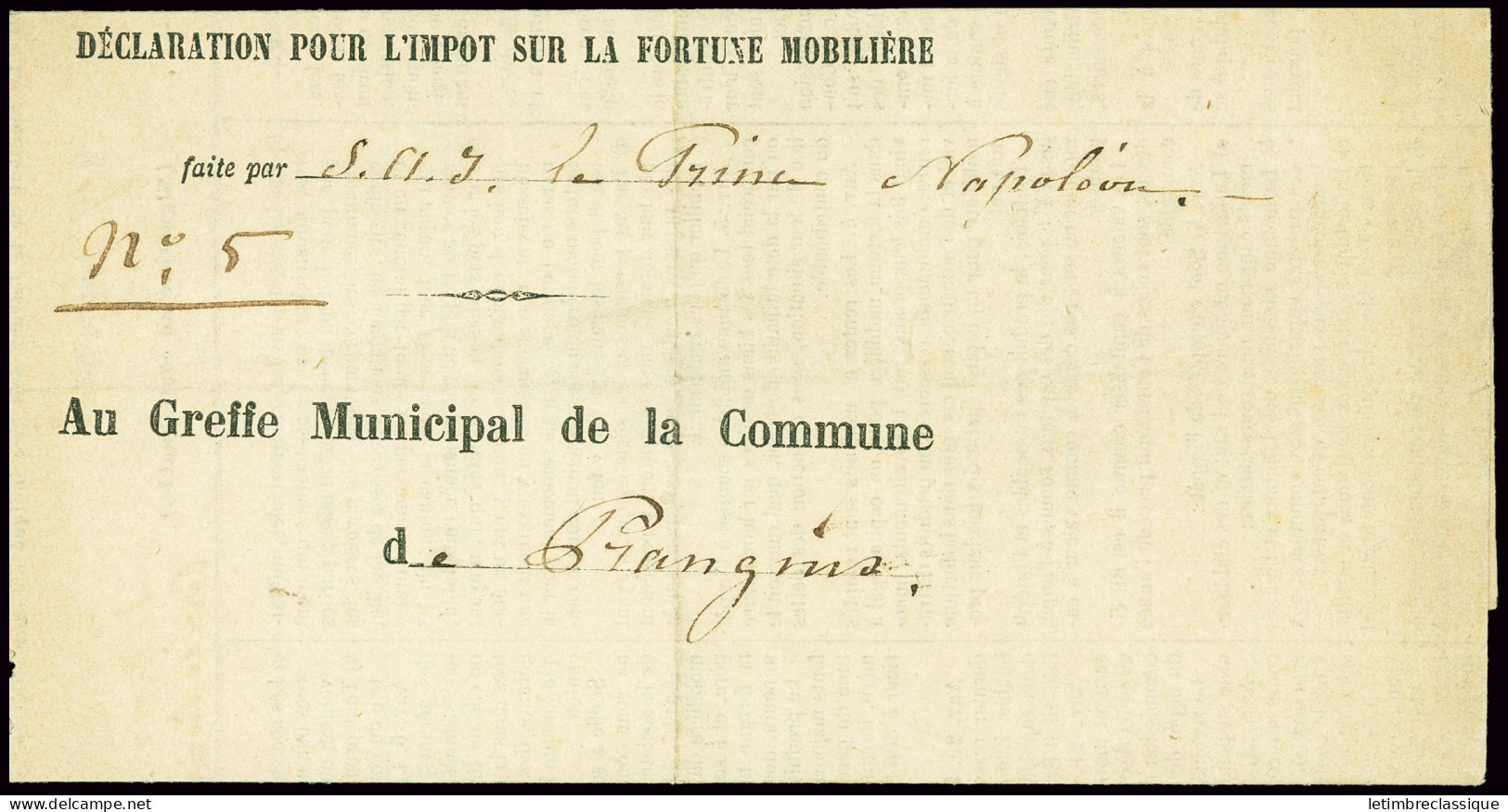 Lettre Formule De Déclaration Pour L'impôt Sur La Fortune Mobilière Du Prince Napoléon (1876 - Canton De Vaud - Suisse). - Other & Unclassified