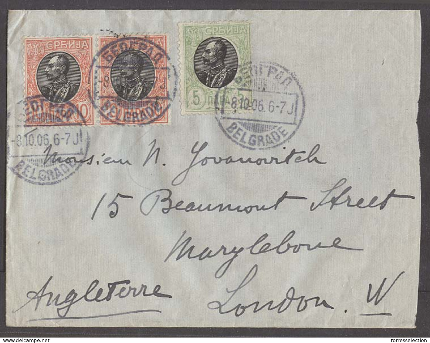 SERBIA. 1906 (8 Oct). Belgrade - UK, London (10 Oct). Fkd Env 25p Rate Cds.VF. - Serbie