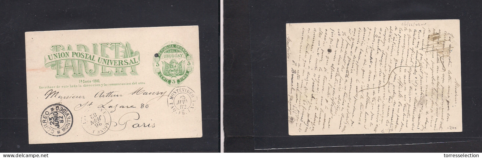 URUGUAY - Stationery. 1882 (15 June) Ituzaingo - France, Paris. 3c Green Early Stat Card Via Montevideo Pqbt (15 June) + - Uruguay