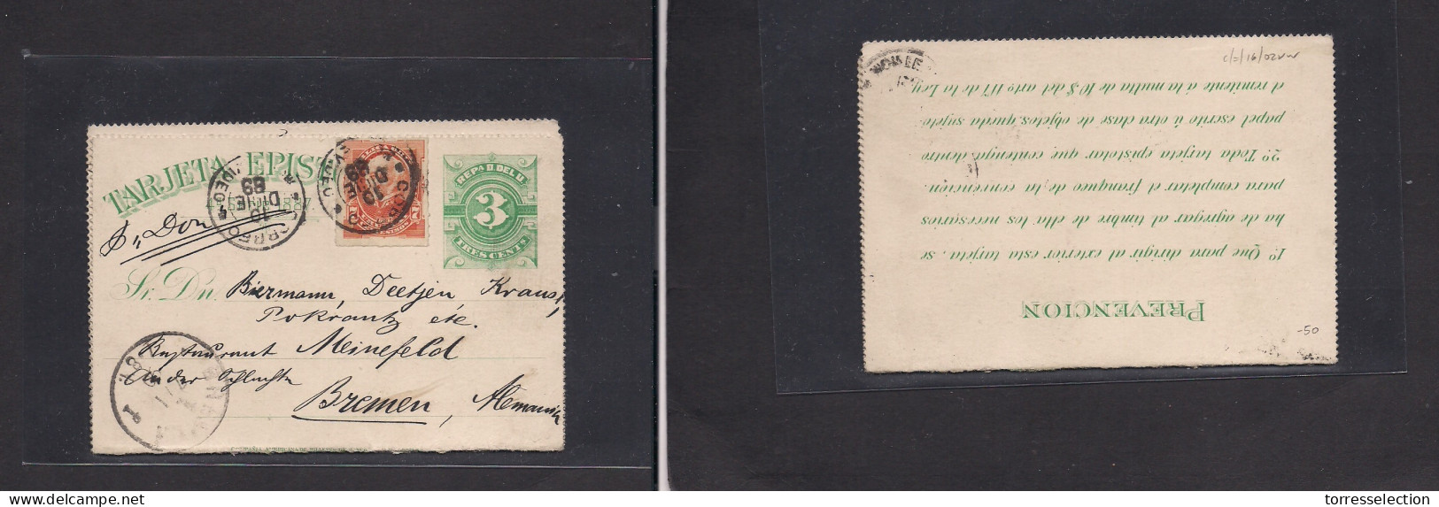 URUGUAY - Stationery. 1889 (10 Dec) Montevideo - Germany, Bremen (7 Jan 90) 3c Green Stat Lettersheet + 7c Orange Adtl,  - Uruguay