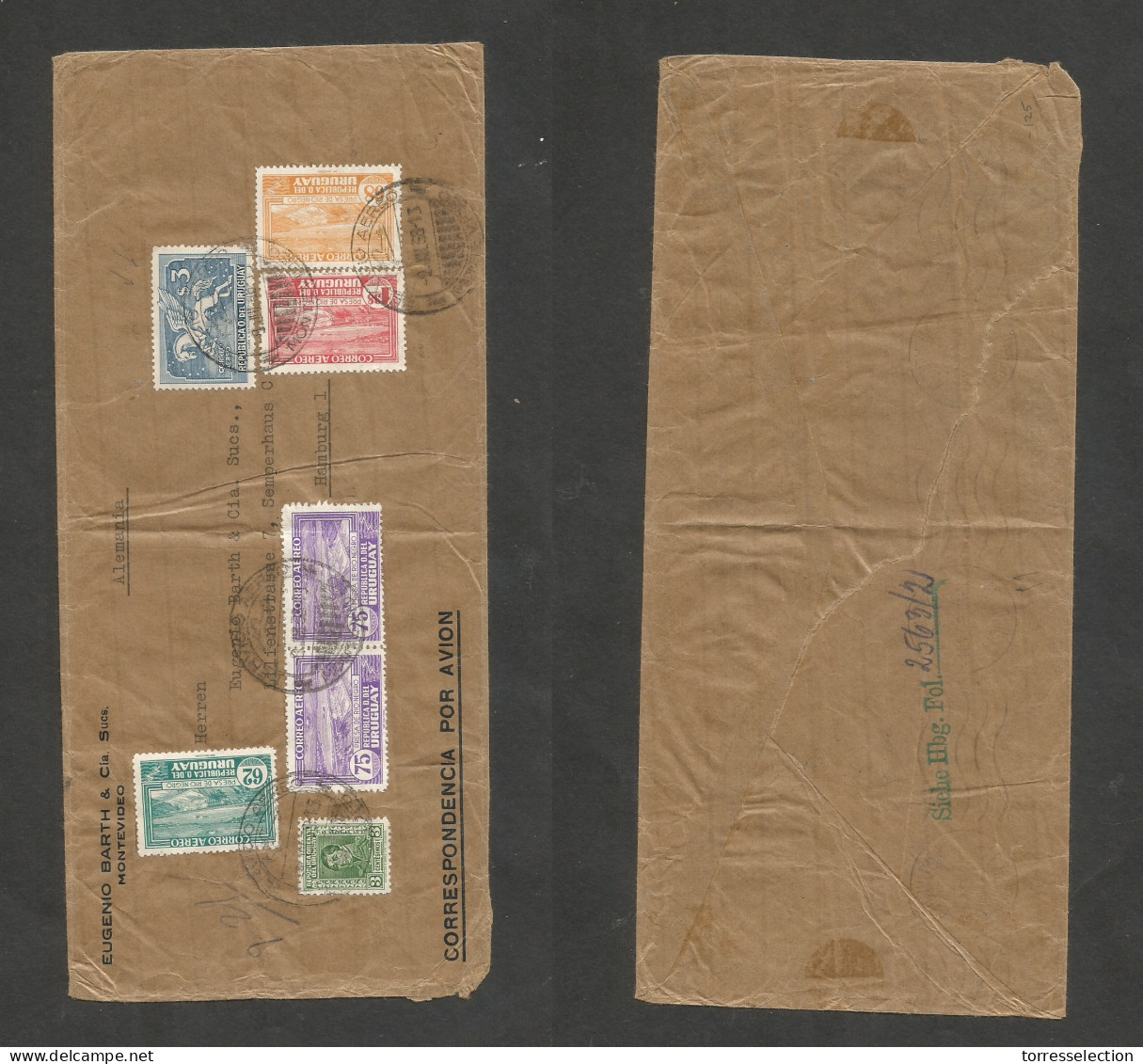 URUGUAY. 1938 (2 July) Montevideo - Germany, Hamburg. Air France Multifkd Envelope. High Rate, Scarce Values On Cover. F - Uruguay