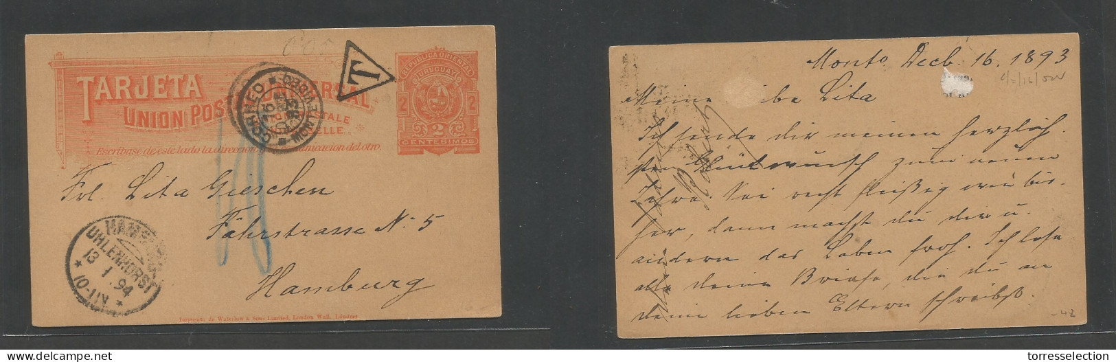 URUGUAY. 1893 (Dec 16) Montevideo - Germany, Hamburg (13 Jan 94) 2c Red Illustrated Stationary Card, Taxed "T" Cachet +  - Uruguay