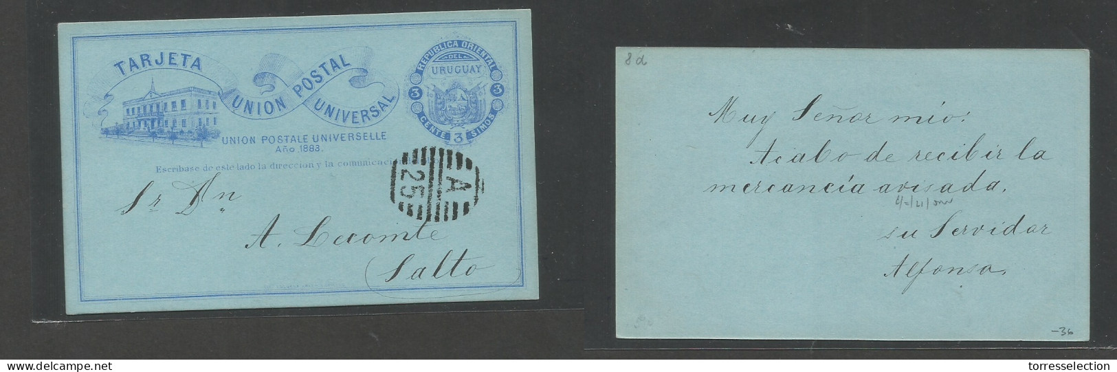 URUGUAY. 1883. 3c Blue Early Stationary Illustrated Card. On Very Rare Local Usage To Salto Cancleled A. 25 Grill. XF+. - Uruguay