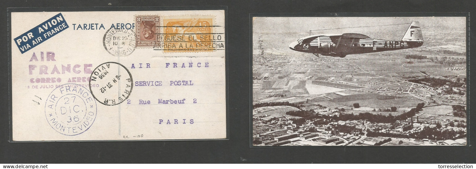 URUGUAY. 1936 (Dic 26) AIR FRANCE Postal Cachet + Cds. Montevideo - France, Paris (31 Dic) Ultrafast Trip. Multifkd Card - Uruguay