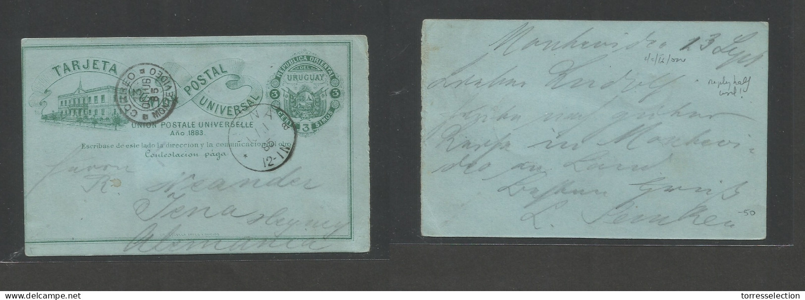 URUGUAY. 1885 (3 Sept) Montevideo - Germany, Jenec (1 Nov) 3c Green / Bluish Early Stationary Card. XF Used, Cds + Arriv - Uruguay