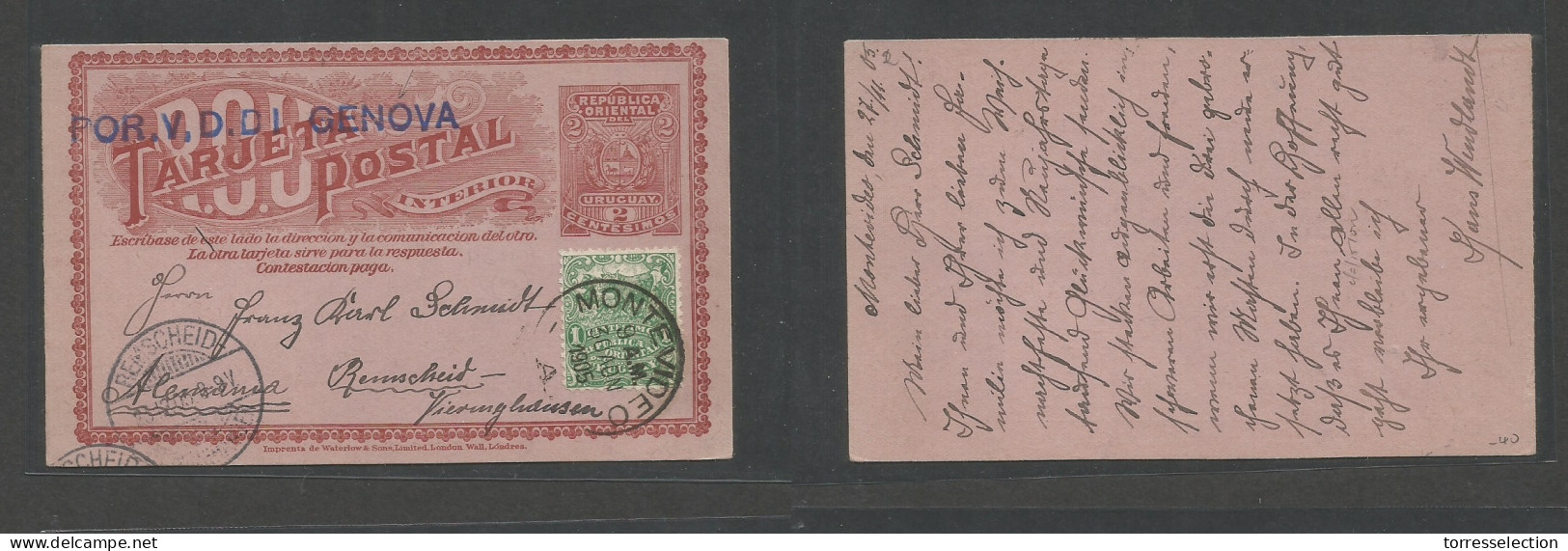 URUGUAY. 1905 (30 Nov, Inverted Month) Montevideo - Germany, Remscheid (23 Dec) Per "V.D.DI Genova" 2c Brown / Pink Stat - Uruguay