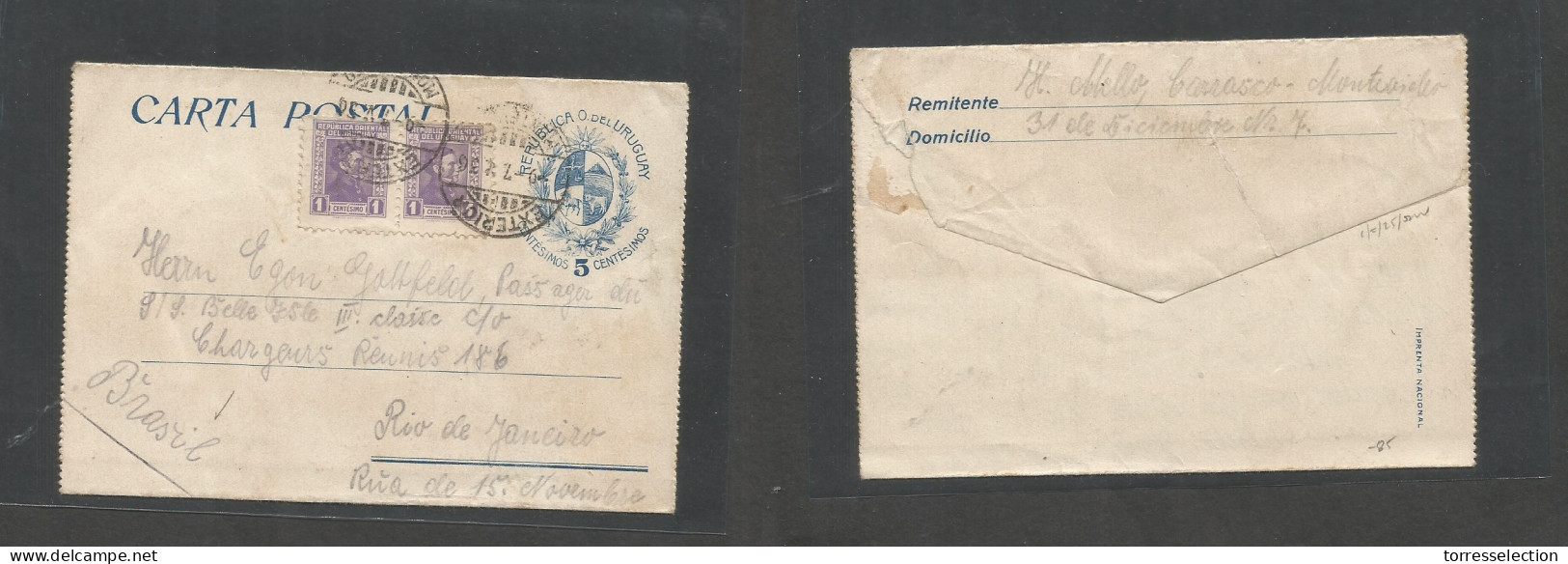 URUGUAY. 1936 (9 July) Mont - Brazil, FJ. 5c Blue Stat Lettersheet + 2 Adtls. VF Usage. Scarce Item. - Uruguay