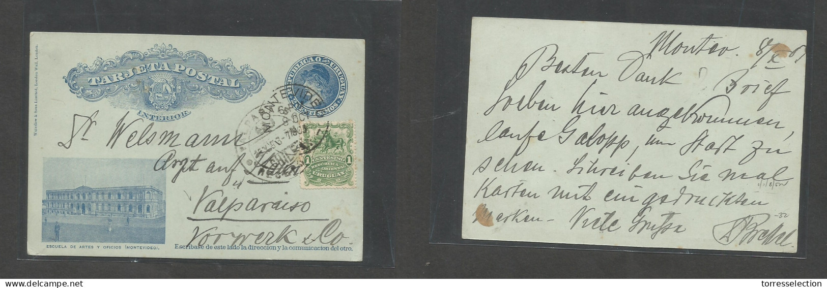 URUGUAY. 1903 (8 Oct) Montevideo - Chile, Valparaiso (15 Oct) 2c Blue Illustr Stat Card + Adtl. Better Dest Usage, Arriv - Uruguay