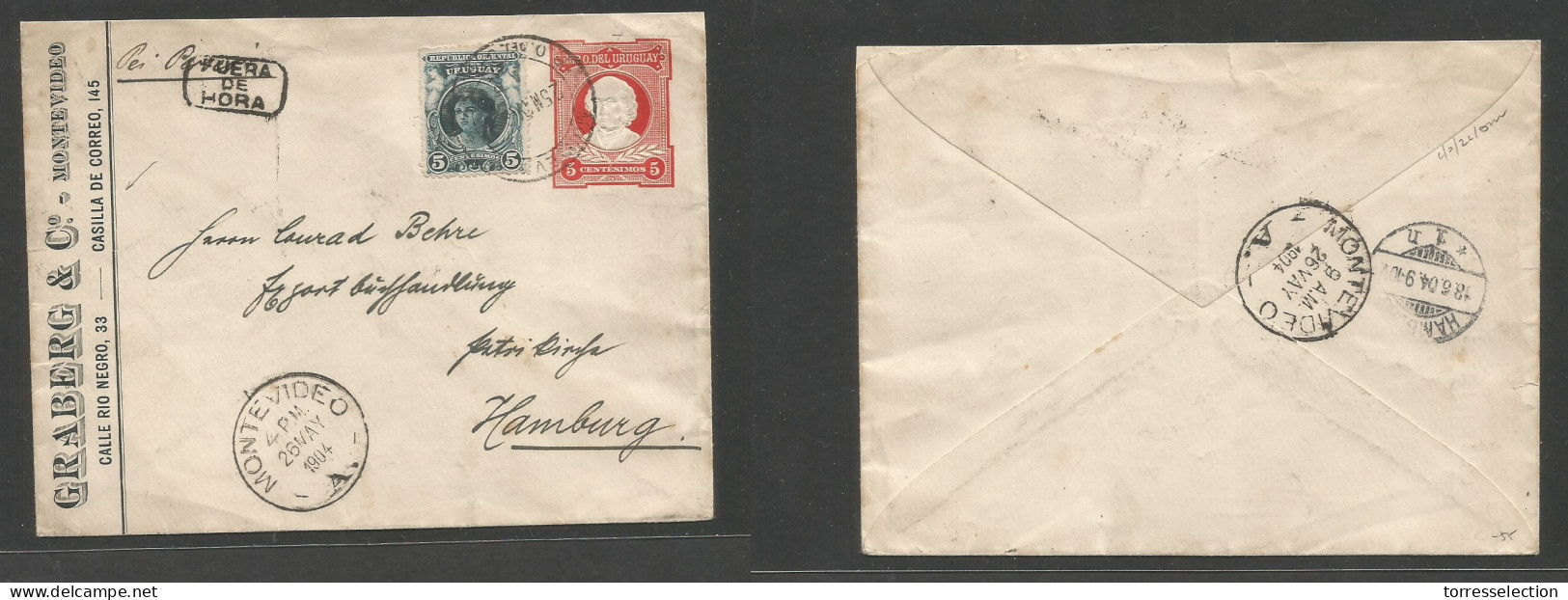 URUGUAY. 1904 (25 May) Montevideo - Germany, Hamburg (18 June) 5c Red Illustrated Private Print Stationary Envelope + Ad - Uruguay