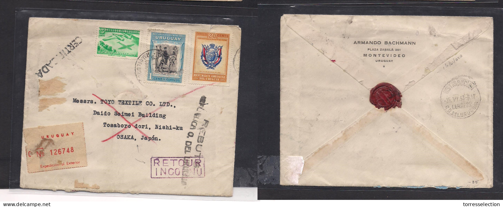 URUGUAY. 1953 (23 Jan) Mont - Japan, Osaka. Registered Air Multifkd Env + "retour" Cachet (Japan) + Second Special Of Ur - Uruguay