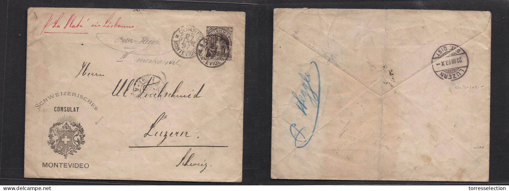 URUGUAY. 1897 (27 Febr) Montevideo - Switzerland, Luzern (22 March) Smashing Shield Printed Consular Envelope Fkd 15c Ca - Uruguay