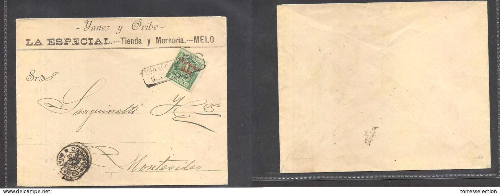 URUGUAY. 1892 (29 Febr, Leap Year) Melo - Montevideo. Comercial Local Pm Rate Provisorio Ovptd Issue Unsealed Fkd Single - Uruguay