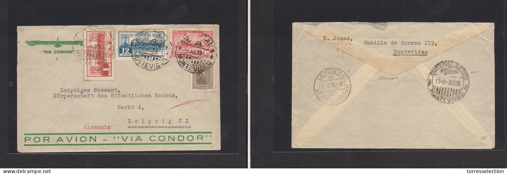 URUGUAY. 1939 (3 Aug) Montevideo - Leipzig, Germany (11 Aug) "Via Condor Left Post" Multifkd Env. Reverse, Air Cachet "9 - Uruguay