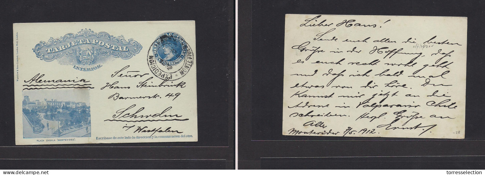 URUGUAY. 1912 (7 May) Montevideo - Germany, Schieden, Westfalia. 2c Blue Illustrated Plaza Zabala Stationary Card. VF. - Uruguay