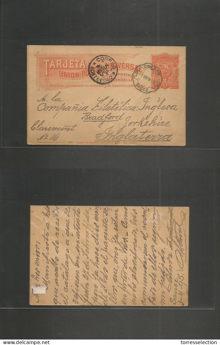 URUGUAY. 1895 (1 April) Sauce - UK, Bradford, Yorkshire. 2c Red Stat Card. Via Montevideo. Scarce Used. - Uruguay