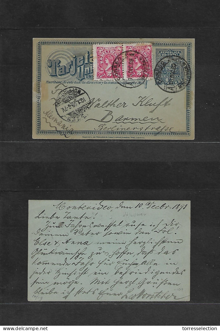 URUGUAY. 1898 (16 Dic) Montevideo - Germany, Barmen (10 Jan 99) 2c Blue Stat Card + Adtl 5c Red Pair, Cds (rare Stamp On - Uruguay