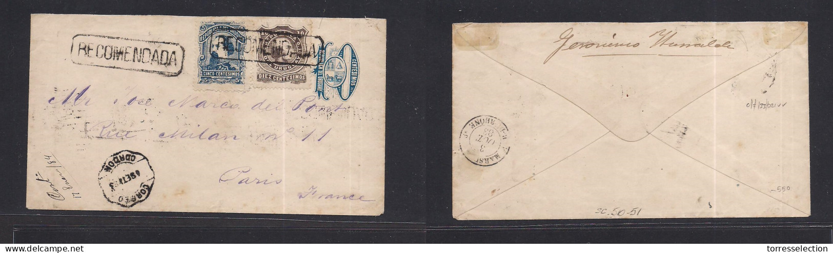 URUGUAY. 1883 (4 Sept) Cordon - France, Paris. Via Marseille (3 Oct) Registered Multifkd Early 10c Blue Stationary Envel - Uruguay