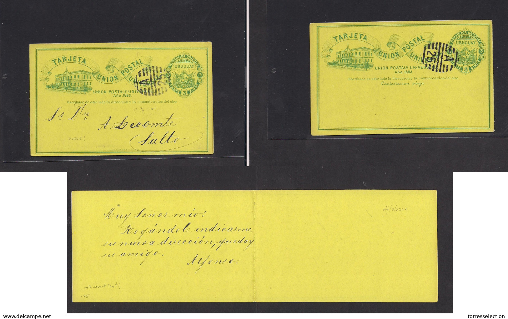 URUGUAY. 1883. GPO - Salto. Early Local 3c Green / Yellow Doble Stationary Card, With Proper Text, On Way, Ont Usage. VF - Uruguay