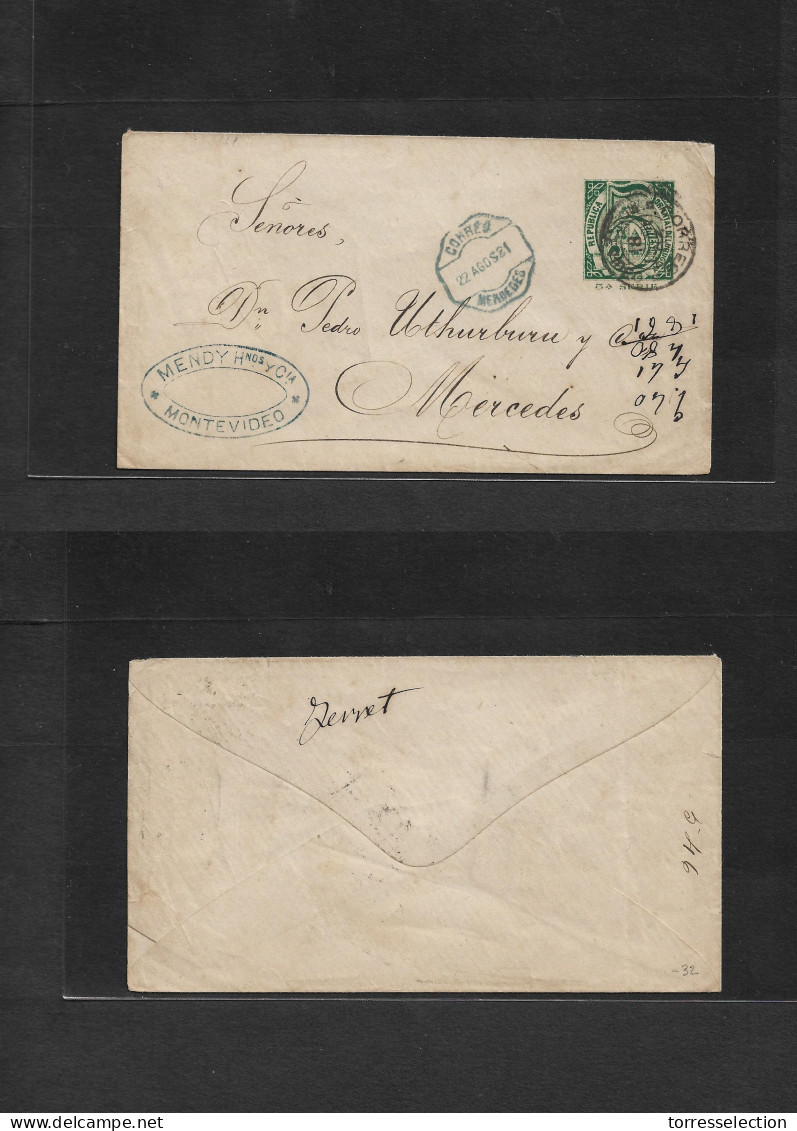 URUGUAY. 1881 (20 Ago) Montevideo - Mercedes (22 Ago) 5c Green / Serie 3ª / Stationery Envelope. Fine Used. Arrival On F - Uruguay