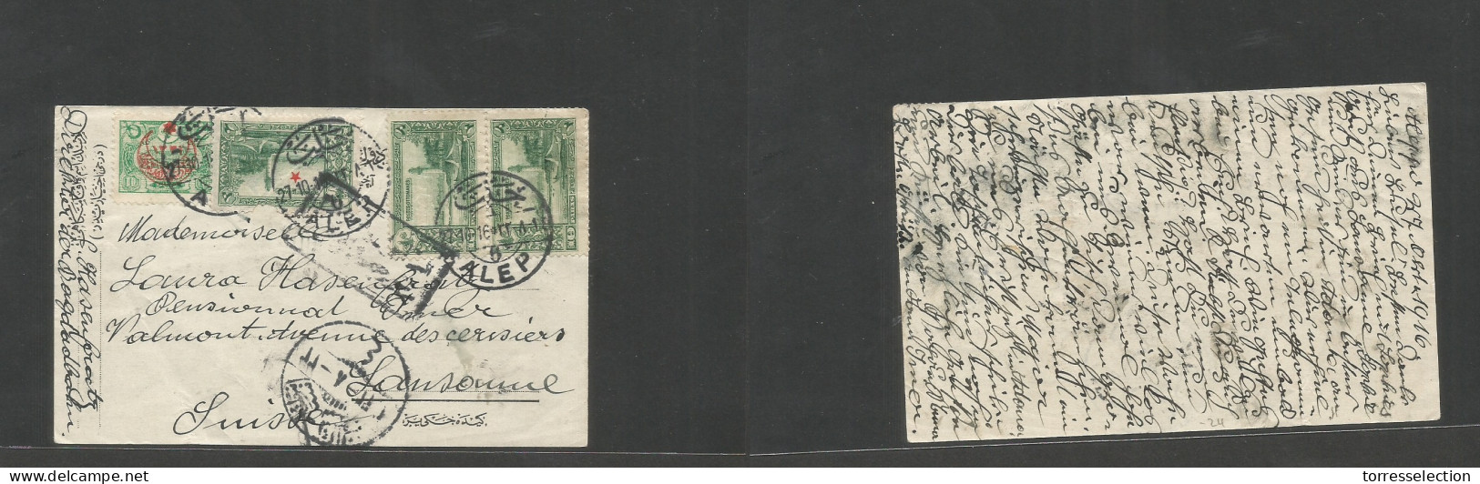 SYRIA. 1916 (27 Oct) Turkish PO, Alep - Switzerland, Lausanne. Multifkd Ppc At 40p Rate, Incl Ovptd Issue, Tied Bilingua - Syria