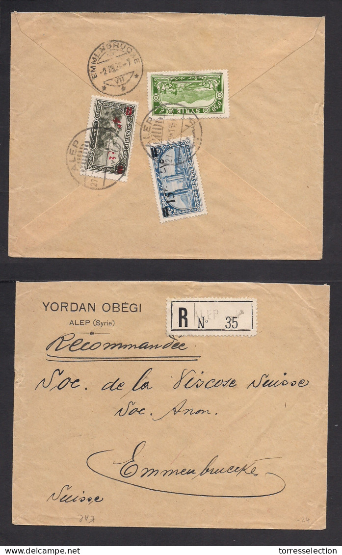 SYRIA. 1929 (27 (July) Alep - Switzerland (2 Aug) Registered Reverse Multifkd Env. Fine. - Syria