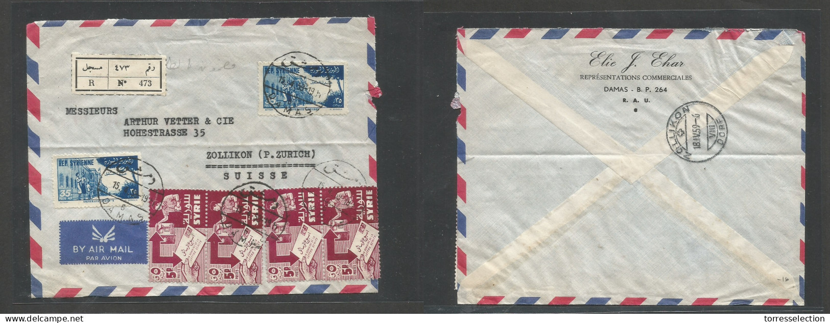 SYRIA. 1959 (15 Apr) Damas - Switzerland, Zellikon (18 April) Registered Air Mixed Issues Multifkd Envelope At 90p Rate, - Syria