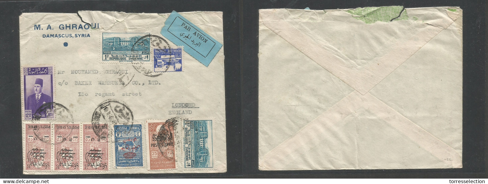 SYRIA. 1946 (10 April) Damasus - London, England. Air Multifkd Env Incl Triple Overprinted Provisional Fiscals Sttamps ( - Syrien