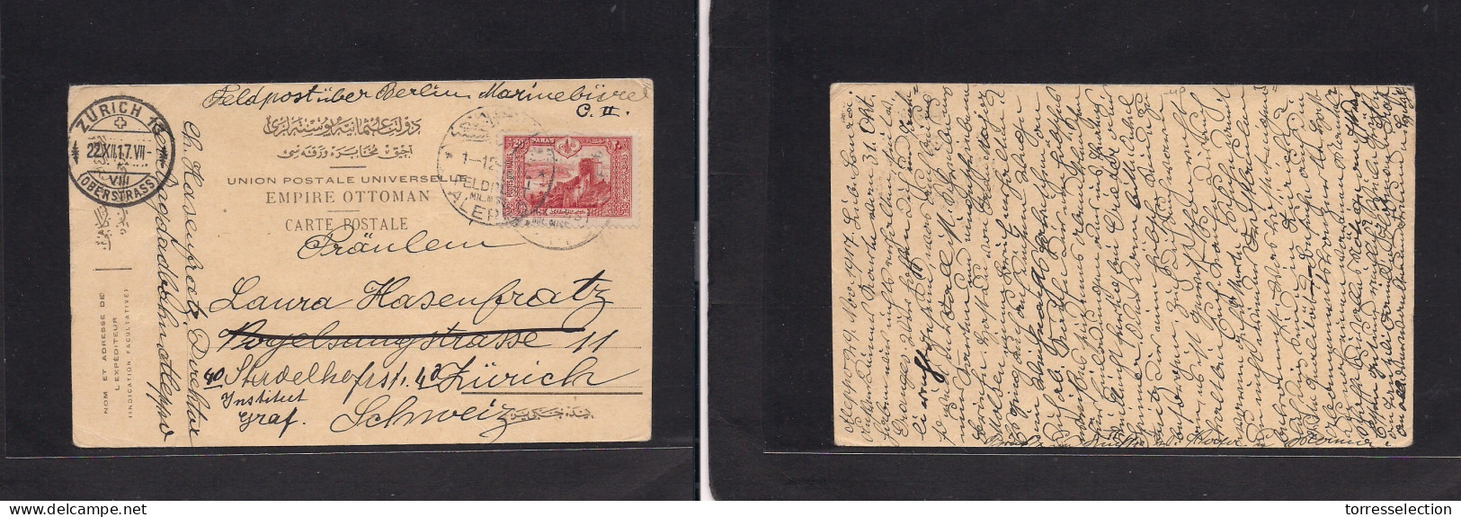 SYRIA. 1917 (29 Nov) Aleppo - Switzerland, Zurich (22 Dec) Via Military Fkd Berlin German Mail (1 Dec) From Director Of  - Syrië