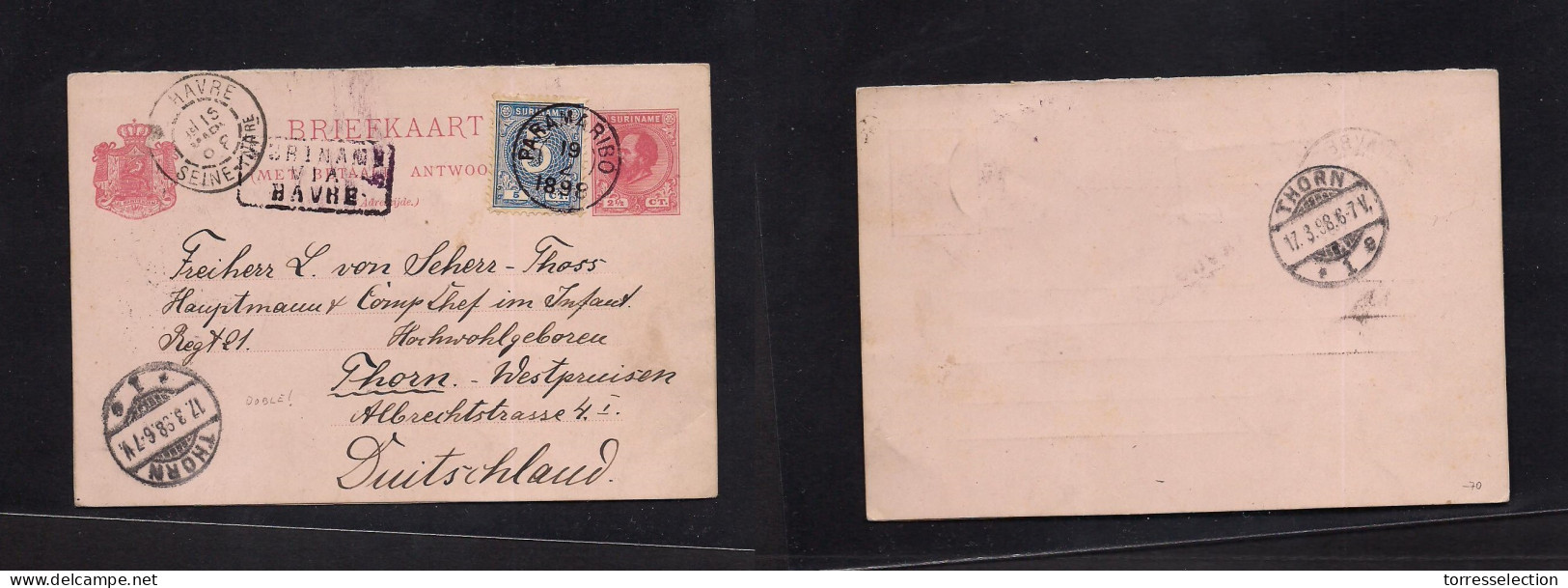 SURINAME. 1898 (19 Febr) Paramaribo - Germany, Thorn (17 March) Doble 2 1/2 Ct Tied Stat Card, Used On Way Out + Adtl 5c - Suriname