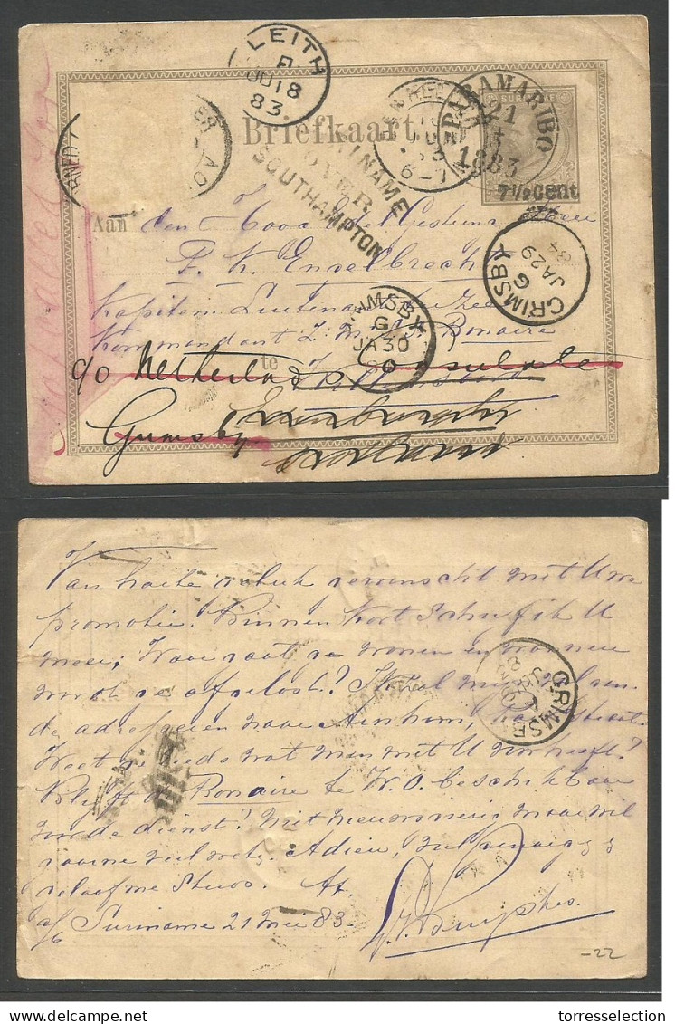 SURINAME. 1883 (21 May) Paramaribo - UK, Grimsby (29-30 Jan 84) 7 1/2c. Overprinted Lilac Stationary Card, Cds + Via Sou - Suriname