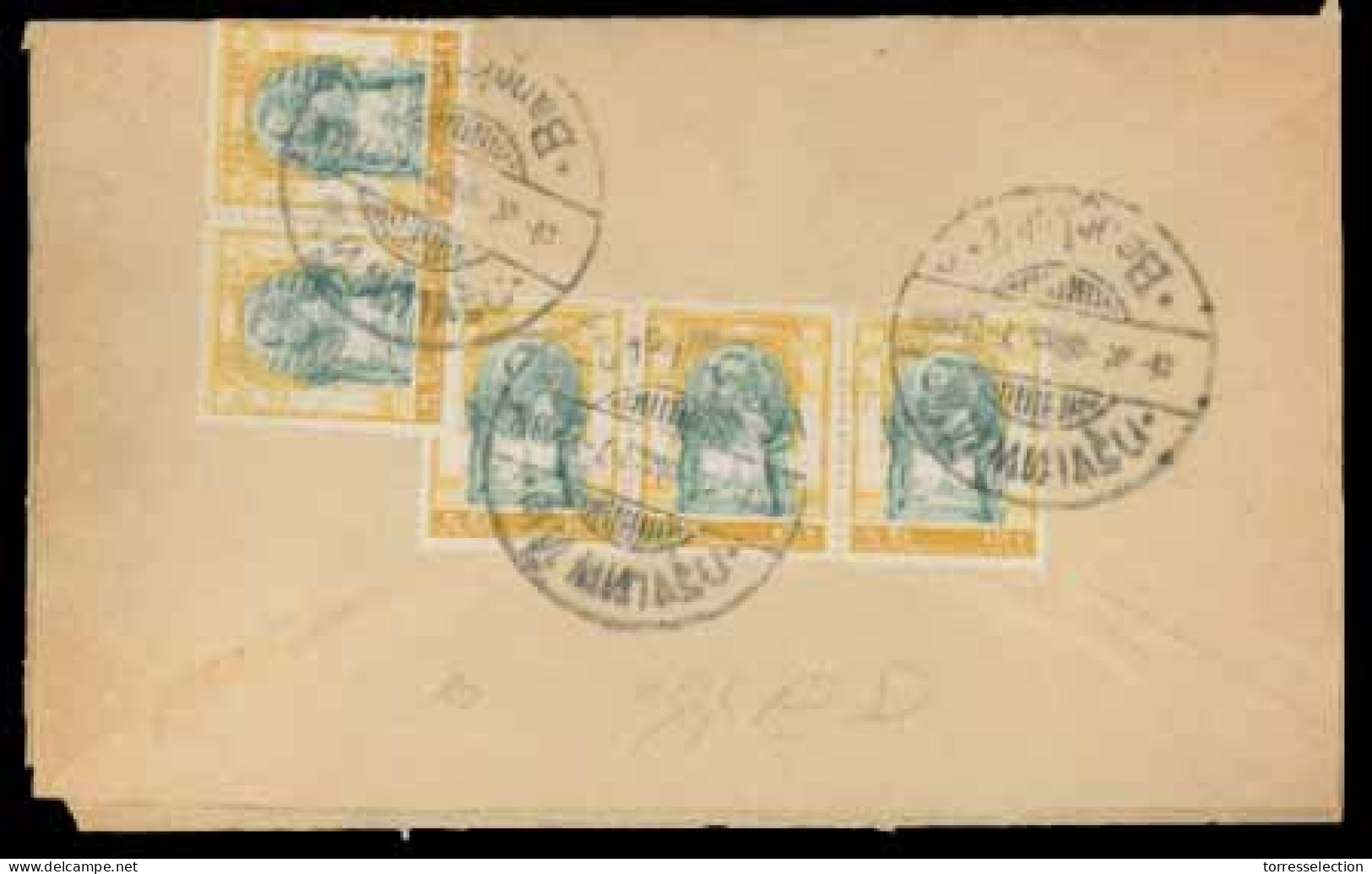 SIAM. 1908. Bangkok (1) Local Usage Opened Out Envelope Bearing Wat Jang Issue 1att Yellow And Green X2 STRIPS OF THREE, - Siam